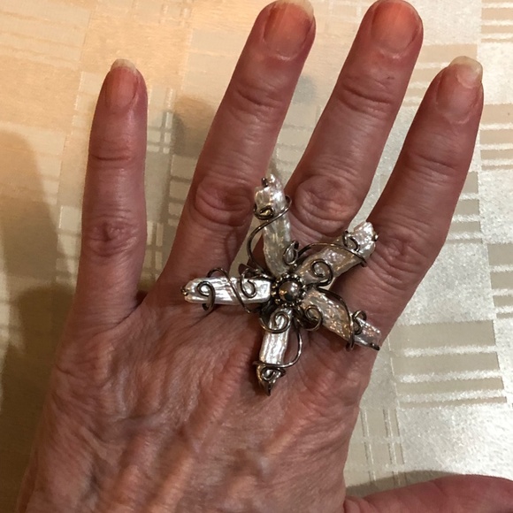 Huge Biwa Pearl Sterling Silver Flower Cocktail Ring  / Israeli Artist - sz 7